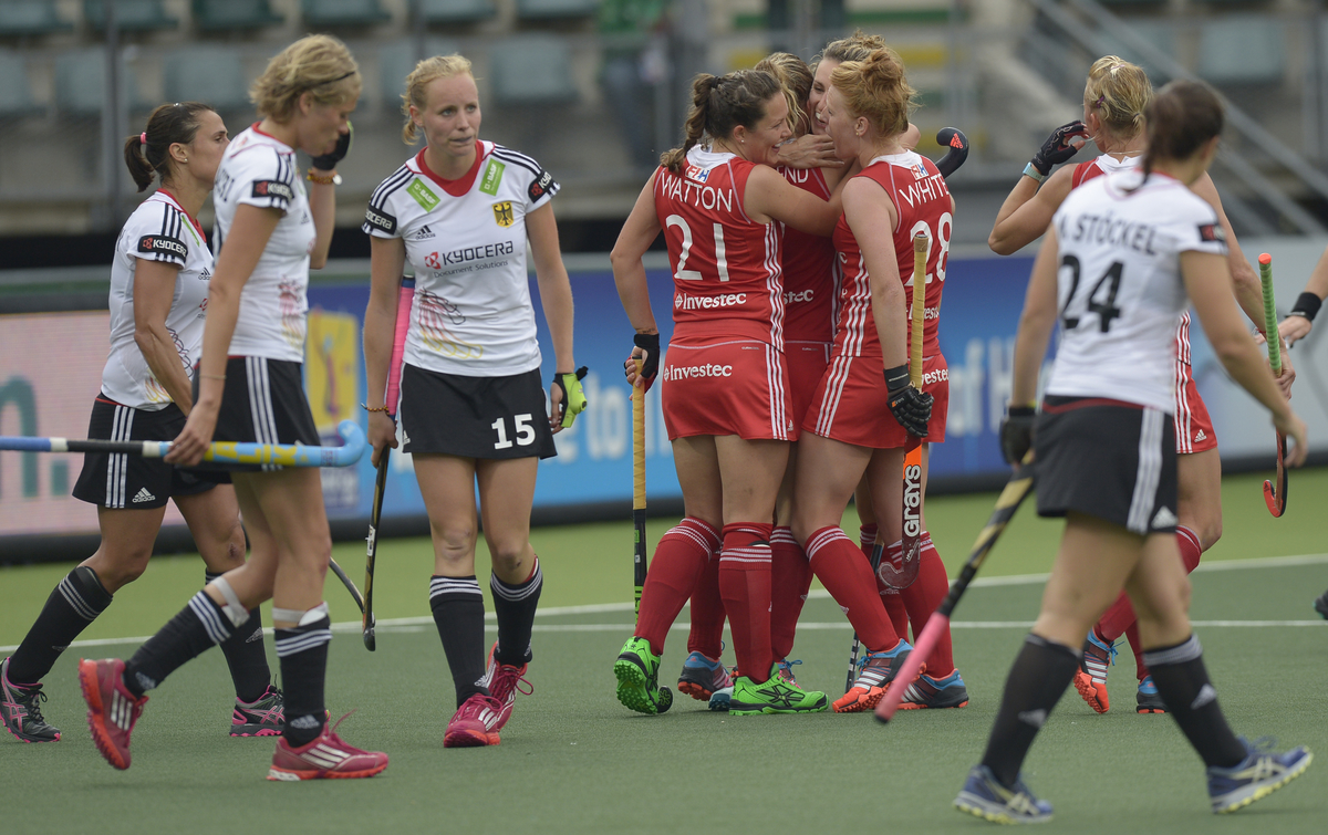 England players surround Susannah Townsend as she scores England's third against Germany at the Rabobank World Cup - credit Ady Kerry.jpg